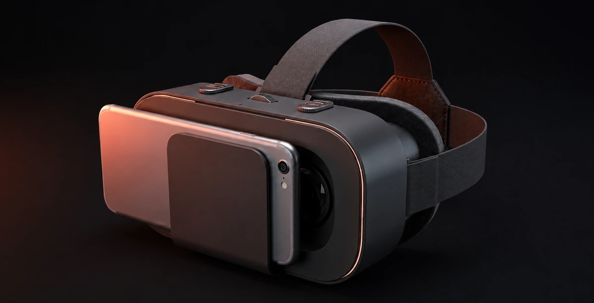 Illustrative render: the phone clamped into the VR glasses