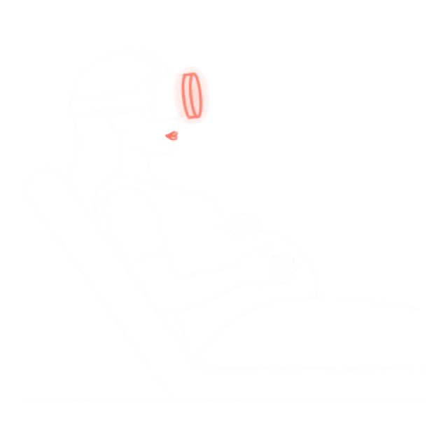Line drawing of a mother reclining in VR goggles during her scan